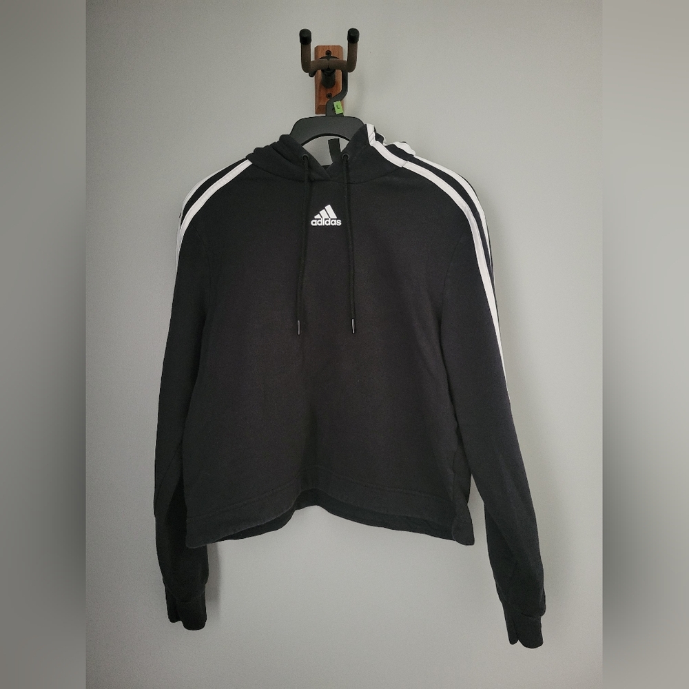 Adidas Cropped Hoodie Womens Size M Black 3 Stripes